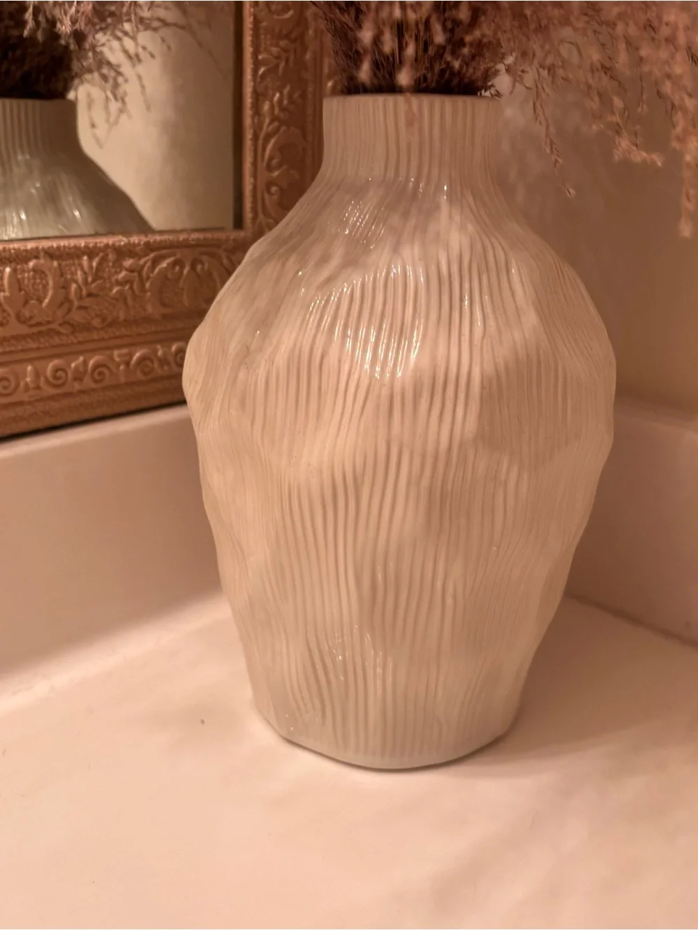 Neutral Cream Ribbed Ceramic Vase with Dried Pampas - Home Accents